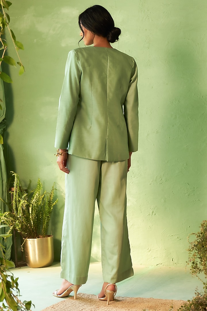 Tea Green Chanderi & Voile Motif Embroidered Jacket Set by Charkhee at Pernia's Pop Up Shop