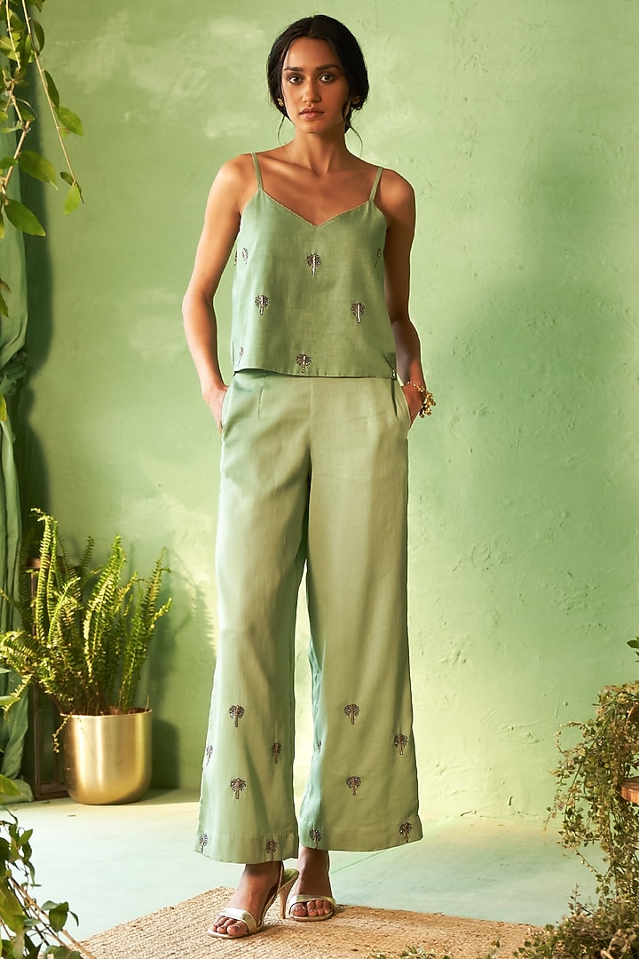 Tea Green Chanderi & Voile Motif Embroidered Jacket Set by Charkhee at Pernia's Pop Up Shop