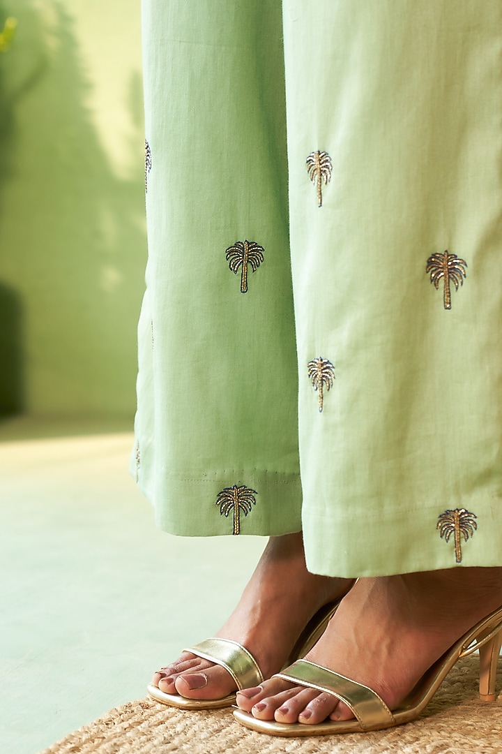 Tea Green Chanderi & Voile Motif Embroidered Jacket Set by Charkhee at Pernia's Pop Up Shop