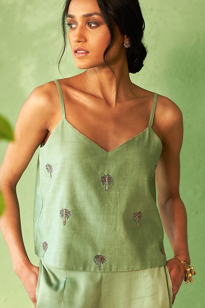 Tea Green Chanderi & Voile Motif Embroidered Jacket Set by Charkhee at Pernia's Pop Up Shop