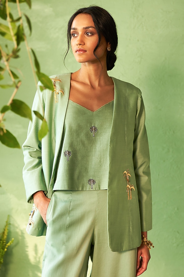 Tea Green Chanderi & Voile Motif Embroidered Jacket Set by Charkhee at Pernia's Pop Up Shop