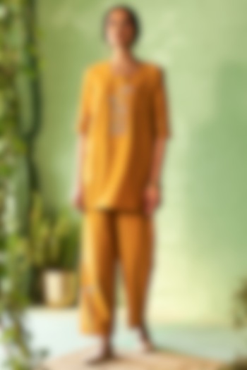 Mustard Chanderi & Voile Embroidered Co-Ord Set by Charkhee at Pernia's Pop Up Shop