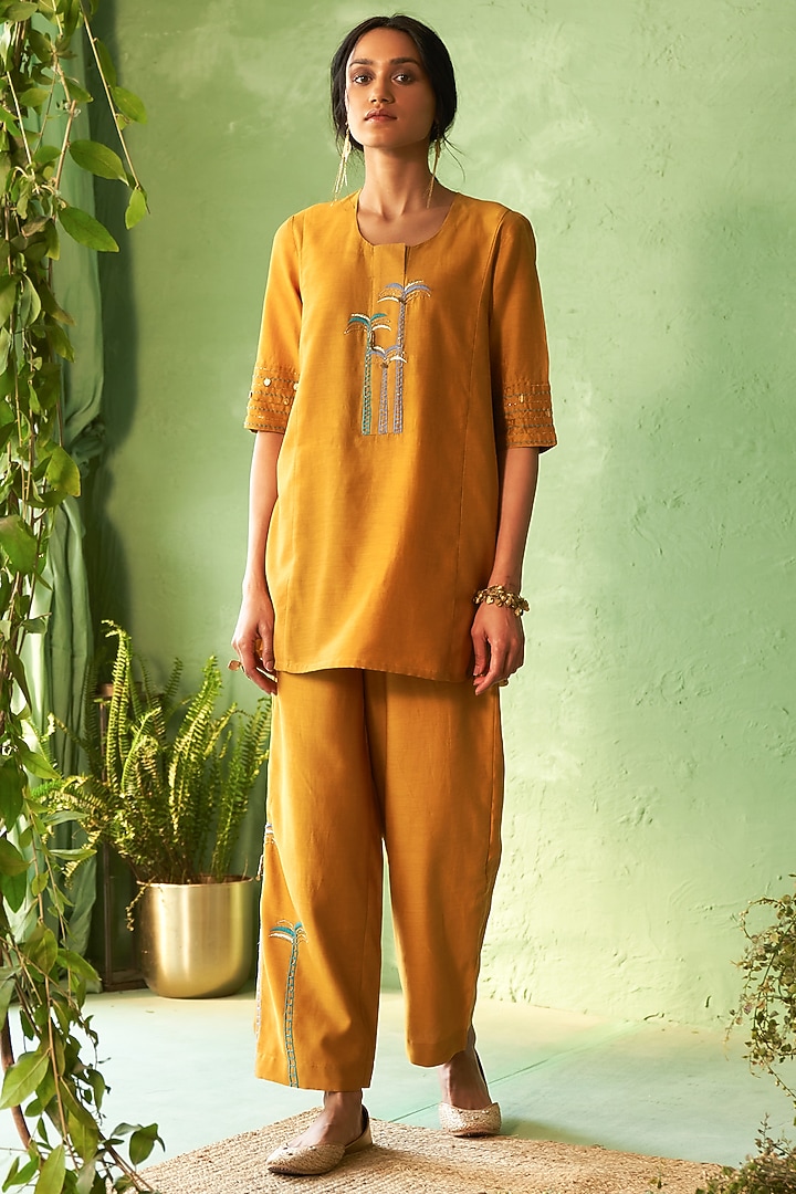 Mustard Chanderi & Voile Embroidered Co-Ord Set by Charkhee at Pernia's Pop Up Shop