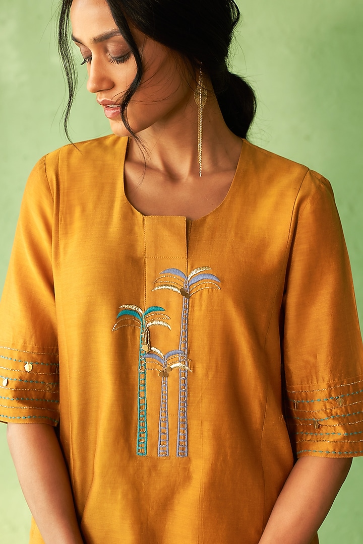 Mustard Chanderi & Voile Embroidered Co-Ord Set by Charkhee at Pernia's Pop Up Shop