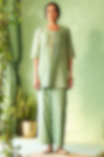Tea Green Chanderi & Voile Embroidered Co-Ord Set by Charkhee at Pernia's Pop Up Shop