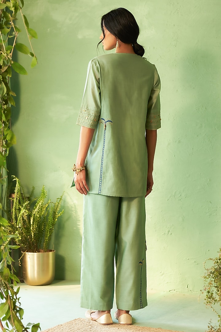 Tea Green Chanderi & Voile Embroidered Co-Ord Set by Charkhee at Pernia's Pop Up Shop