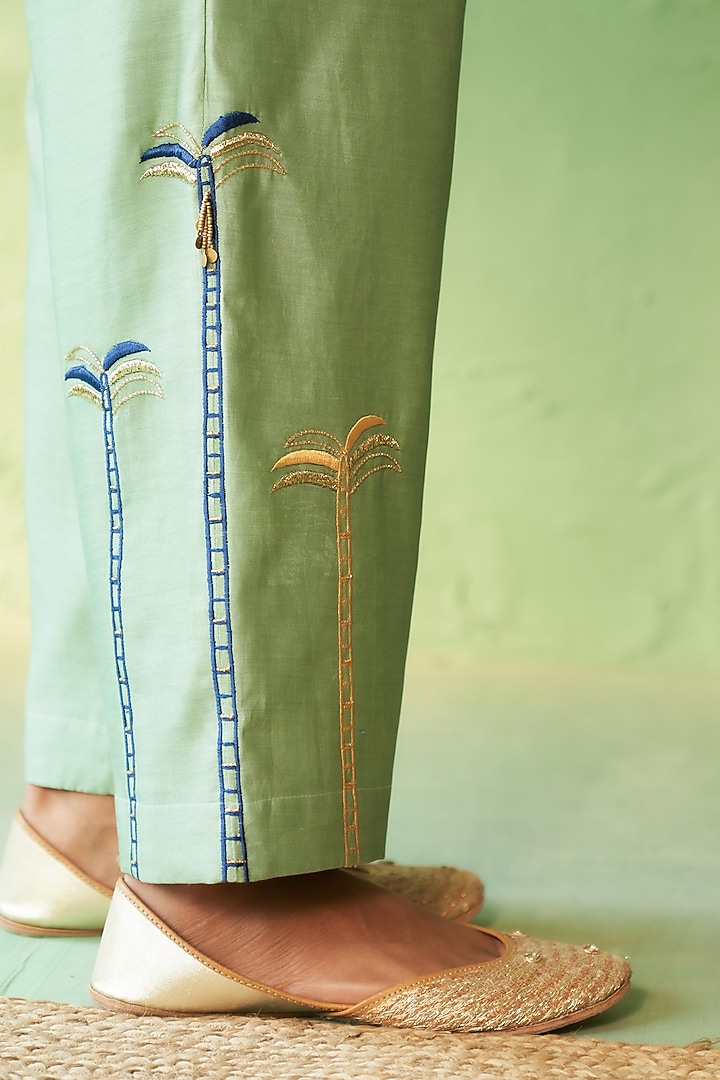 Tea Green Chanderi & Voile Embroidered Co-Ord Set by Charkhee at Pernia's Pop Up Shop