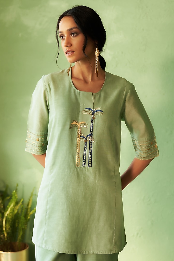 Tea Green Chanderi & Voile Embroidered Co-Ord Set by Charkhee at Pernia's Pop Up Shop