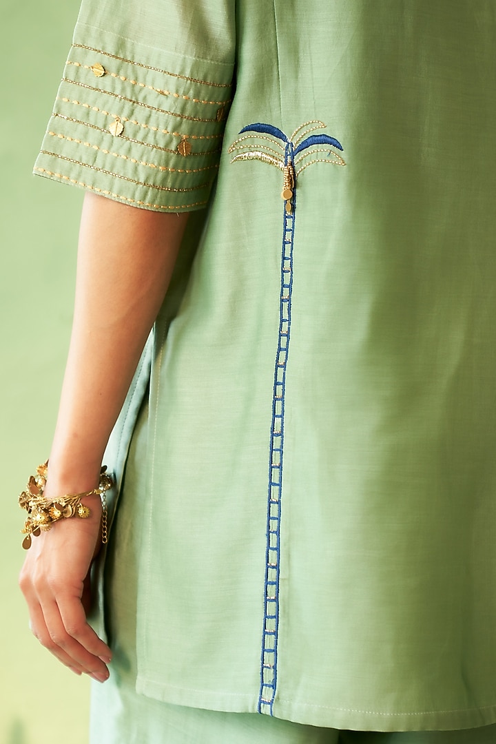 Tea Green Chanderi & Voile Embroidered Co-Ord Set by Charkhee at Pernia's Pop Up Shop