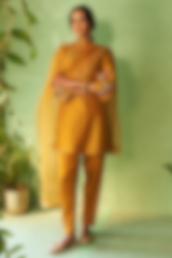 Mustard Chanderi & Voilee Embroidered Short Kurta Set by Charkhee at Pernia's Pop Up Shop
