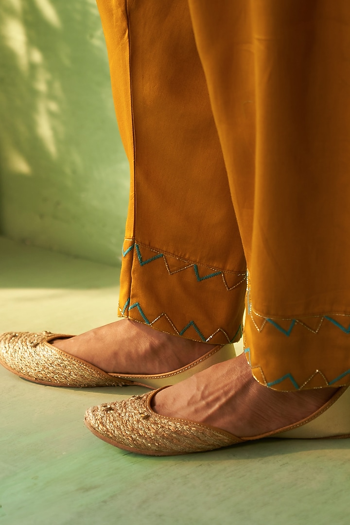Mustard Chanderi & Voilee Embroidered Short Kurta Set by Charkhee at Pernia's Pop Up Shop