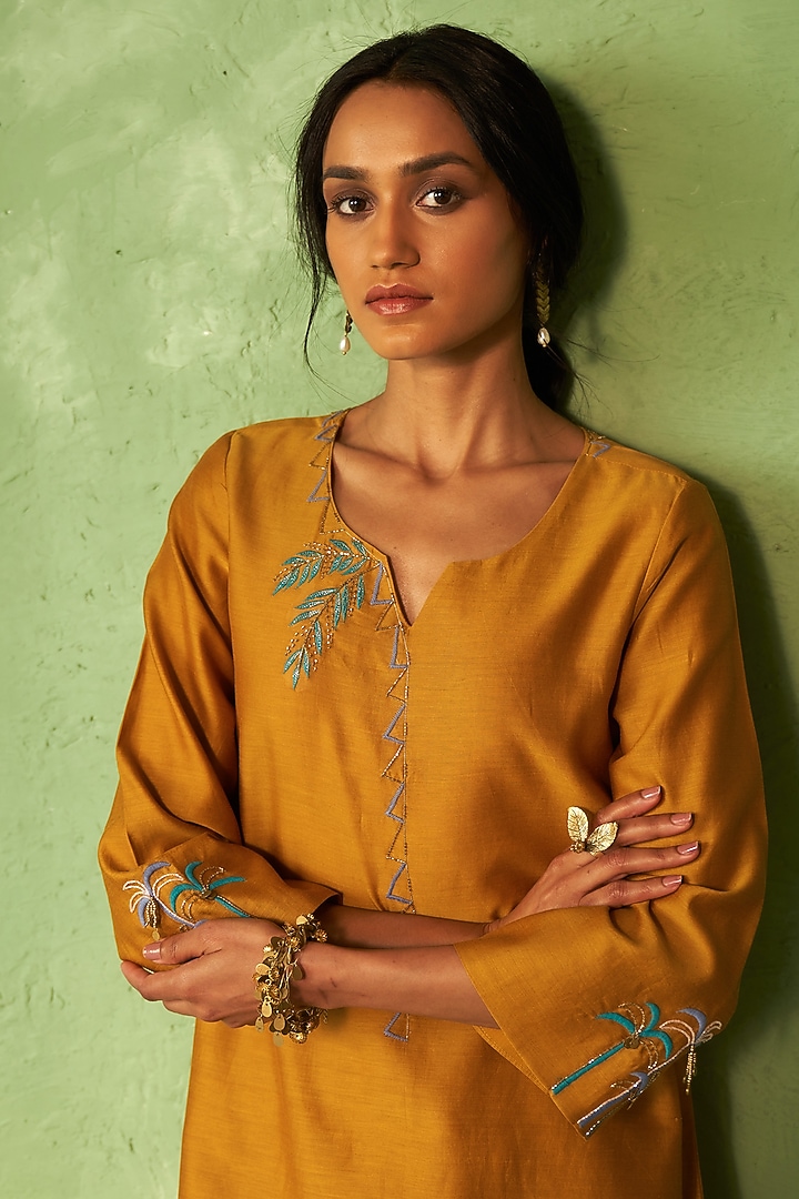 Mustard Chanderi & Voilee Embroidered Short Kurta Set by Charkhee at Pernia's Pop Up Shop