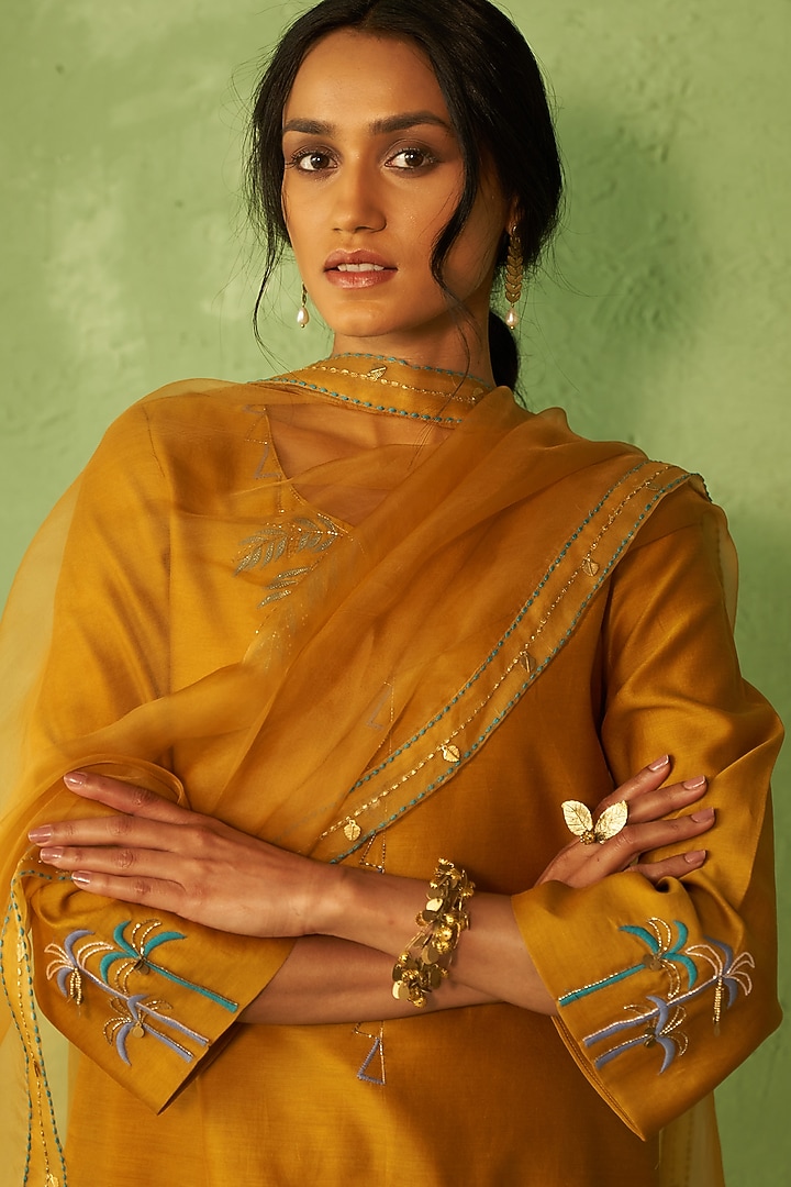 Mustard Chanderi & Voilee Embroidered Short Kurta Set by Charkhee at Pernia's Pop Up Shop