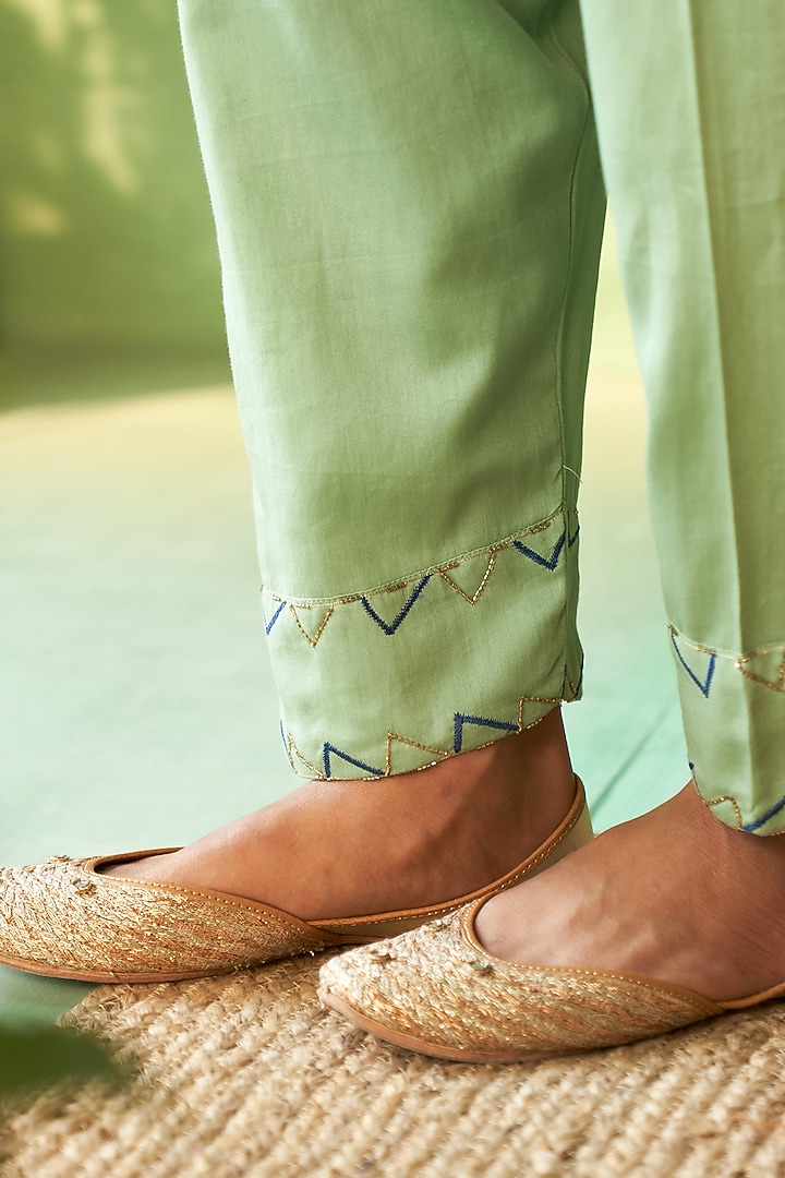 Tea Green Chanderi & Voilee Embroidered Short Kurta Set by Charkhee at Pernia's Pop Up Shop