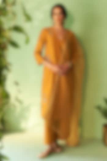 Mustard Chanderi & Voilee Embroidered Kurta Set by Charkhee at Pernia's Pop Up Shop