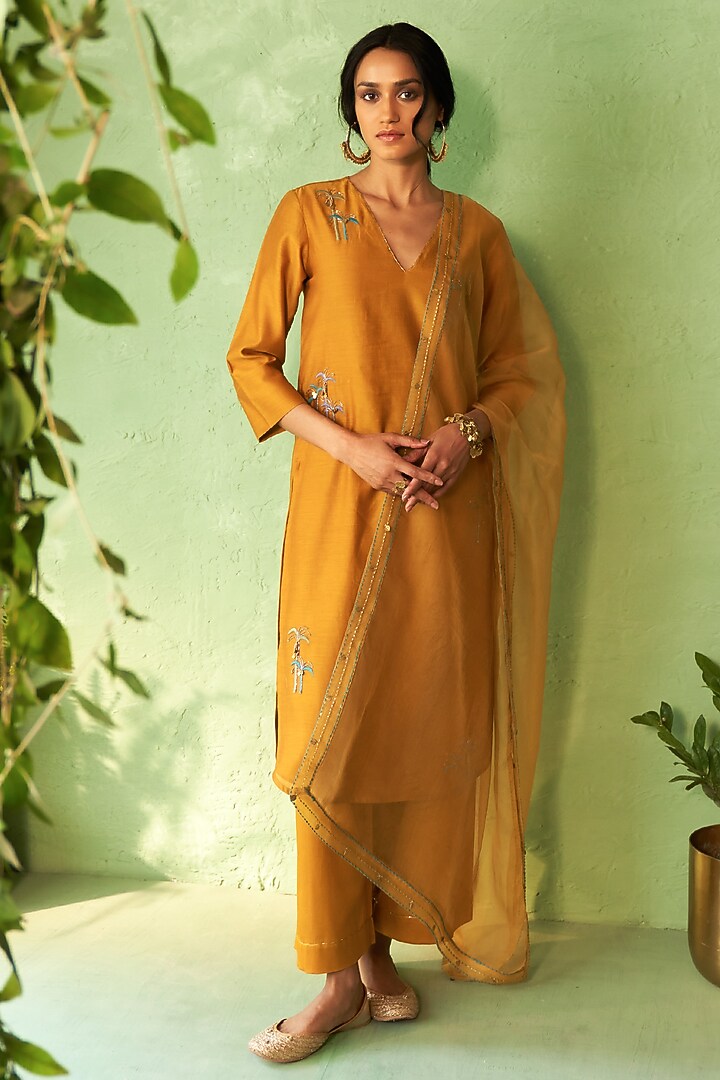 Mustard Chanderi & Voilee Embroidered Kurta Set by Charkhee at Pernia's Pop Up Shop