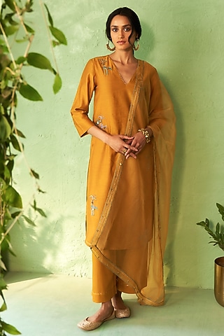 Mustard Chanderi & Voilee Embroidered Kurta Set by Charkhee