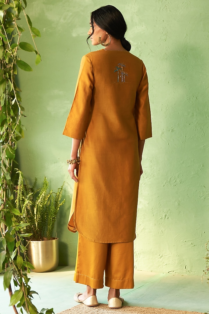 Mustard Chanderi & Voilee Embroidered Kurta Set by Charkhee at Pernia's Pop Up Shop