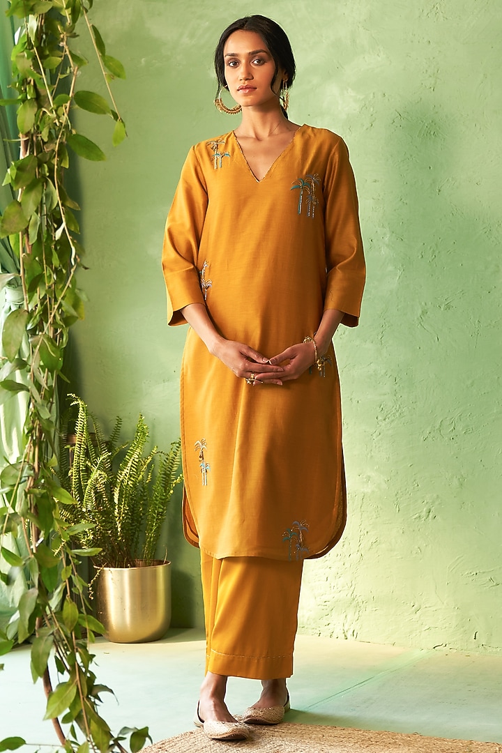 Mustard Chanderi & Voilee Embroidered Kurta Set by Charkhee at Pernia's Pop Up Shop