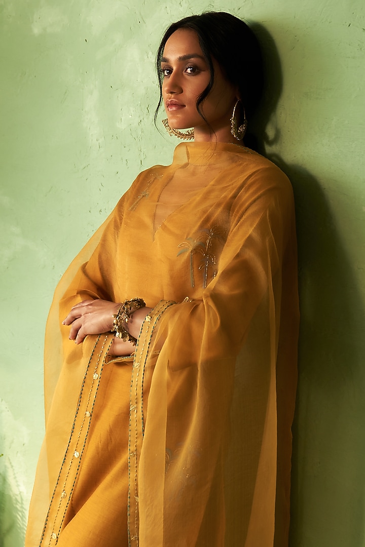 Mustard Chanderi & Voilee Embroidered Kurta Set by Charkhee at Pernia's Pop Up Shop