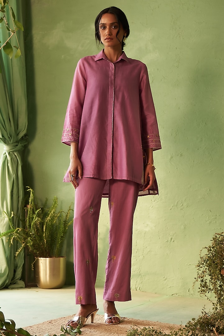 Purple Chanderi & Voile Embroidered Co-Ord Set by Charkhee at Pernia's Pop Up Shop