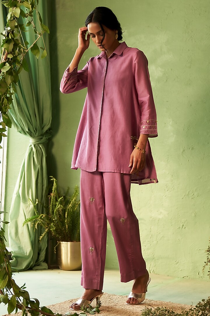 Purple Chanderi & Voile Embroidered Co-Ord Set by Charkhee at Pernia's Pop Up Shop