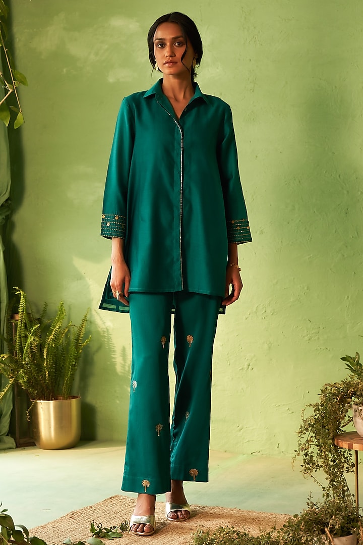 Peacock Green Chanderi & Voile Embroidered Co-Ord Set by Charkhee at Pernia's Pop Up Shop