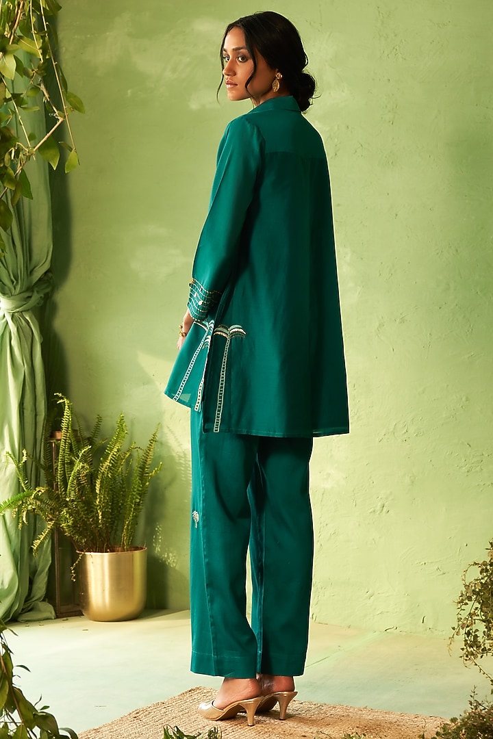 Peacock Green Chanderi & Voile Embroidered Co-Ord Set by Charkhee at Pernia's Pop Up Shop