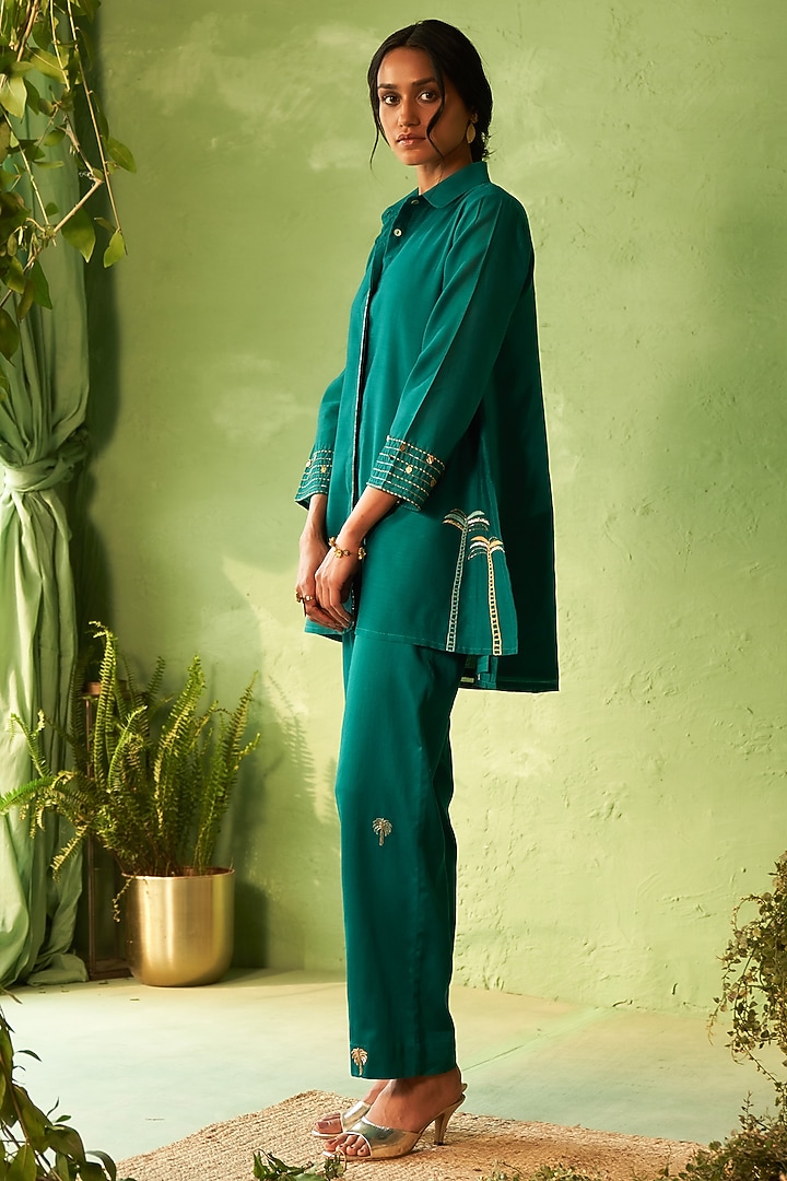 Peacock Green Chanderi & Voile Embroidered Co-Ord Set by Charkhee at Pernia's Pop Up Shop