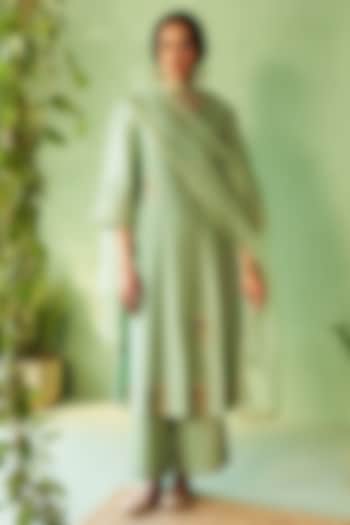 Tea Green Chanderi & Voile Embroidered Kurta Set by Charkhee at Pernia's Pop Up Shop