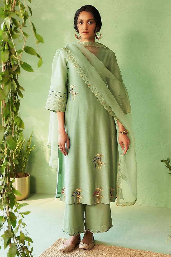 Tea Green Chanderi & Voile Embroidered Kurta Set by Charkhee at Pernia's Pop Up Shop