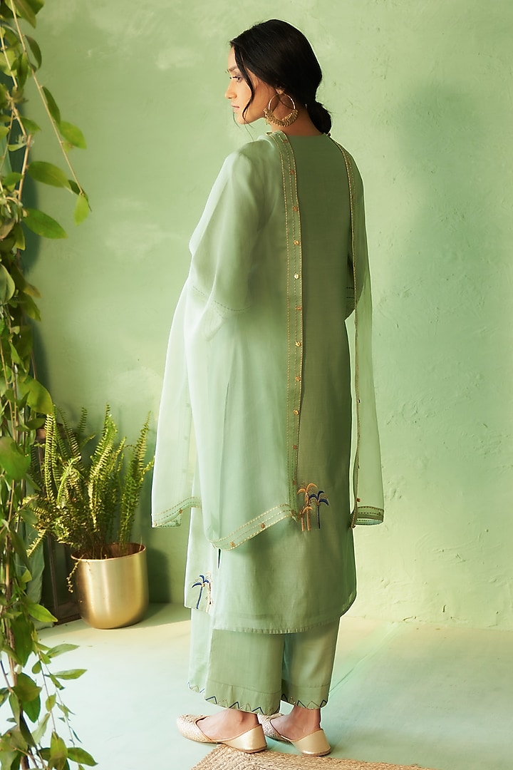 Tea Green Chanderi & Voile Embroidered Kurta Set by Charkhee at Pernia's Pop Up Shop