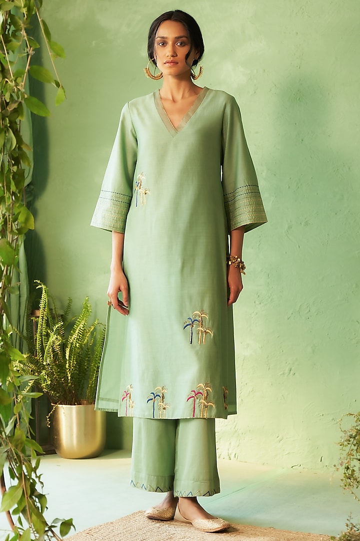 Tea Green Chanderi & Voile Embroidered Kurta Set by Charkhee at Pernia's Pop Up Shop