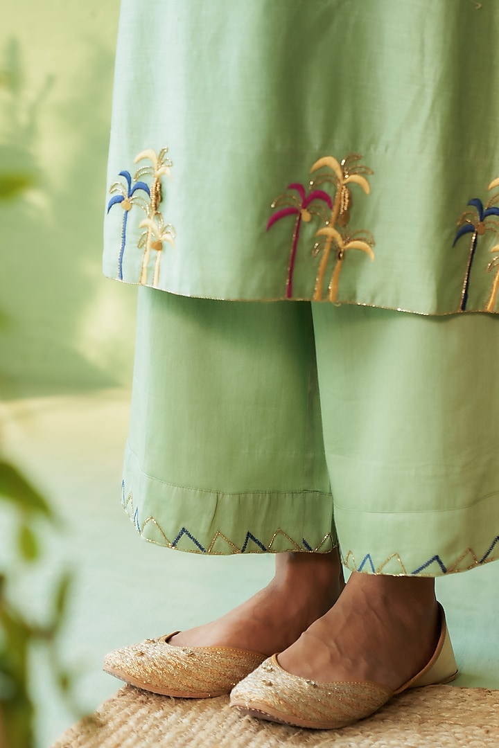 Tea Green Chanderi & Voile Embroidered Kurta Set by Charkhee at Pernia's Pop Up Shop