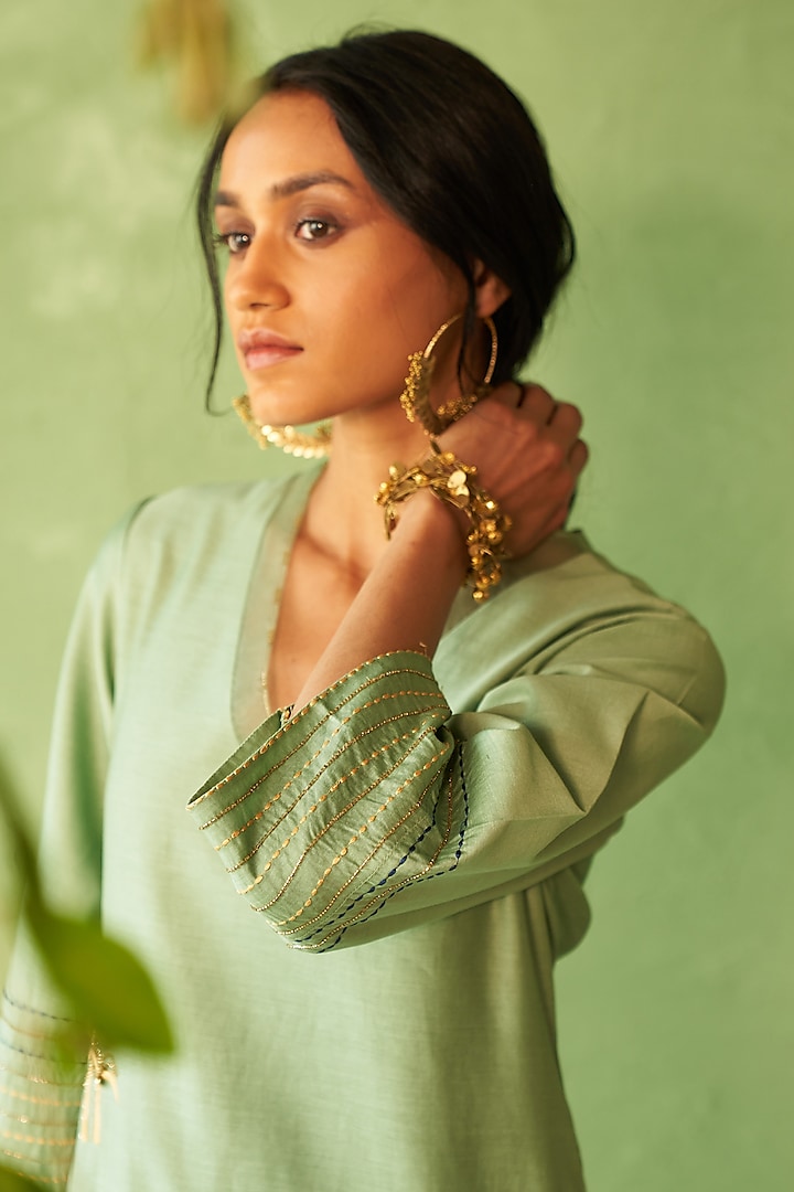 Tea Green Chanderi & Voile Embroidered Kurta Set by Charkhee at Pernia's Pop Up Shop