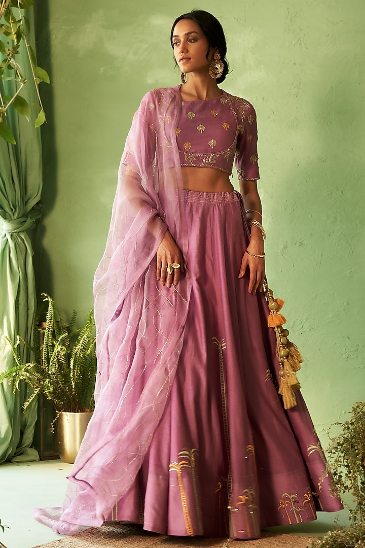 Purple Chanderi & Voile Embroidered Wedding Lehenga Set by Charkhee at Pernia's Pop Up Shop