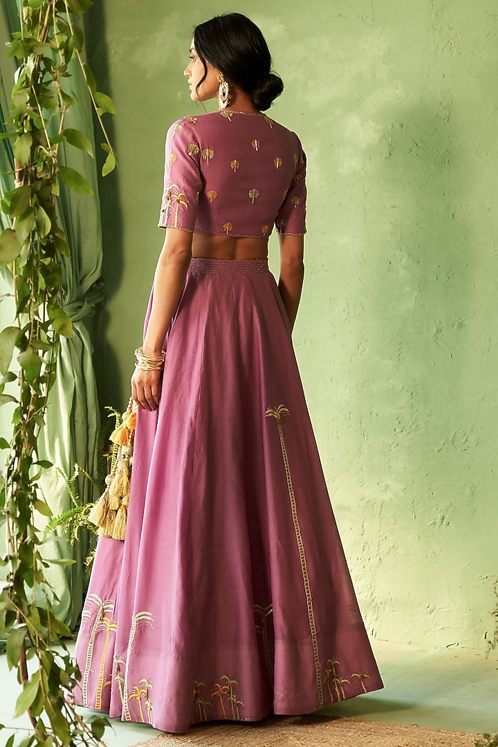 Purple Chanderi & Voile Embroidered Wedding Lehenga Set by Charkhee at Pernia's Pop Up Shop