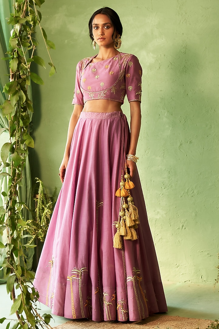 Purple Chanderi & Voile Embroidered Wedding Lehenga Set by Charkhee at Pernia's Pop Up Shop