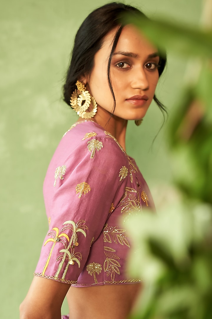 Purple Chanderi & Voile Embroidered Wedding Lehenga Set by Charkhee at Pernia's Pop Up Shop