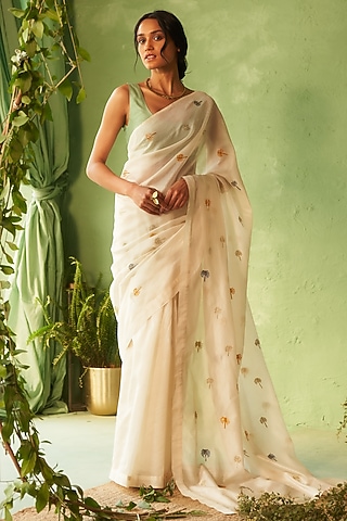 Off-White Chanderi Embroidered Saree Set by Charkhee