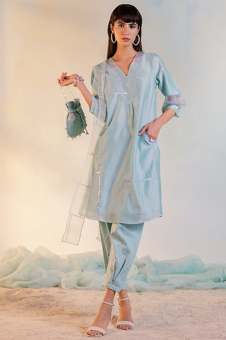 Aqua Green Embroidered Kurta Set by Charkhee at Pernia's Pop Up Shop