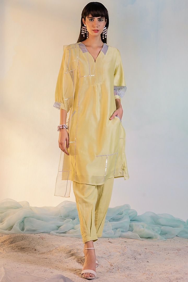 Lime Yellow Chanderi Kurta Set by Charkhee at Pernia's Pop Up Shop
