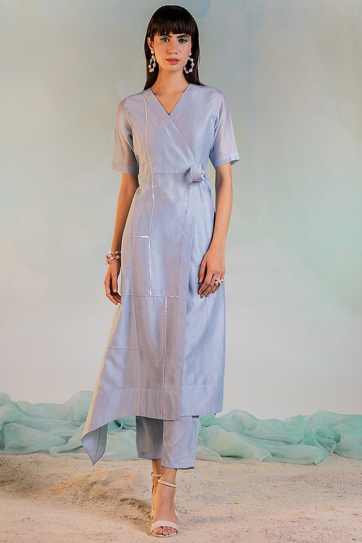 Powder Blue Chanderi Wrapped Kurta Set by Charkhee at Pernia's Pop Up Shop