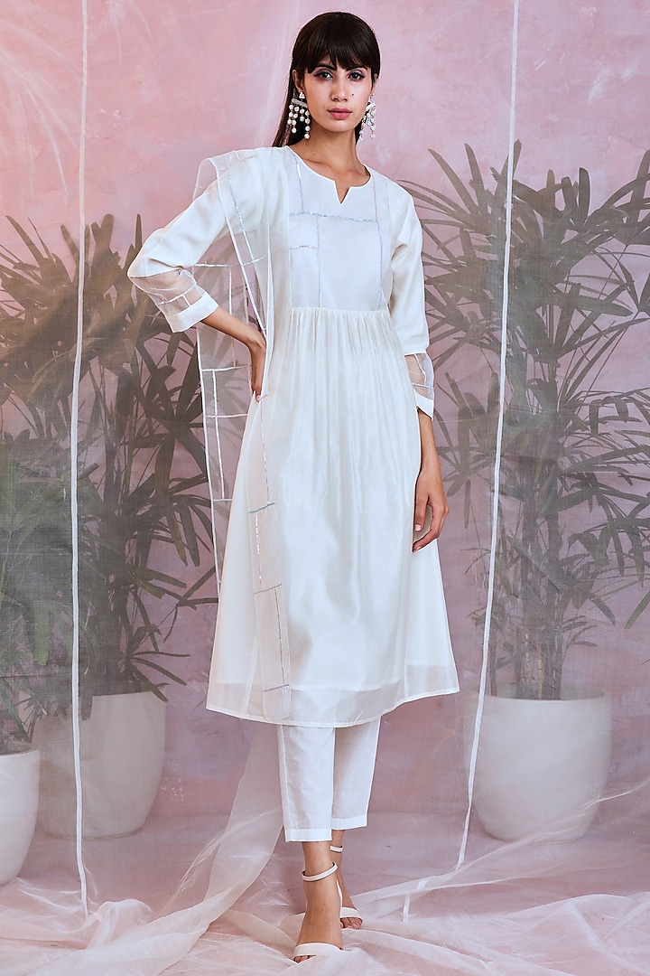 Pearl White Sequins Embroidered Kurta Set by Charkhee