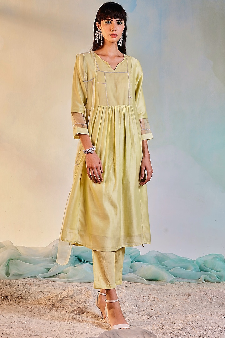 Lime Yellow Sequins Embroidered Kurta Set by Charkhee