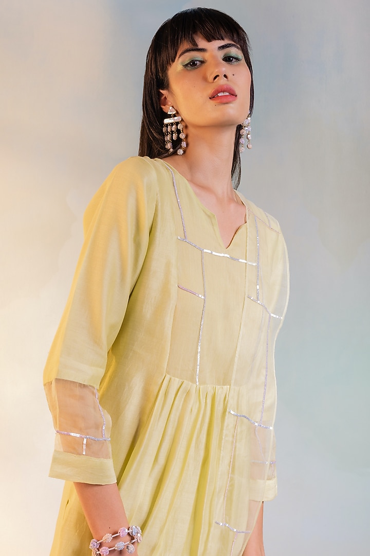 Lime Yellow Sequins Embroidered Kurta Set by Charkhee at Pernia's Pop Up Shop