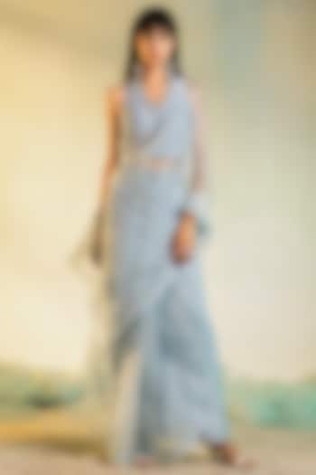 Powder Blue Organza Pre-Stitched Saree Set by Charkhee