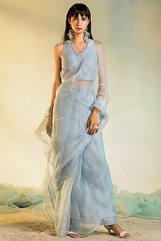 Powder Blue Organza Pre-Stitched Saree Set by Charkhee