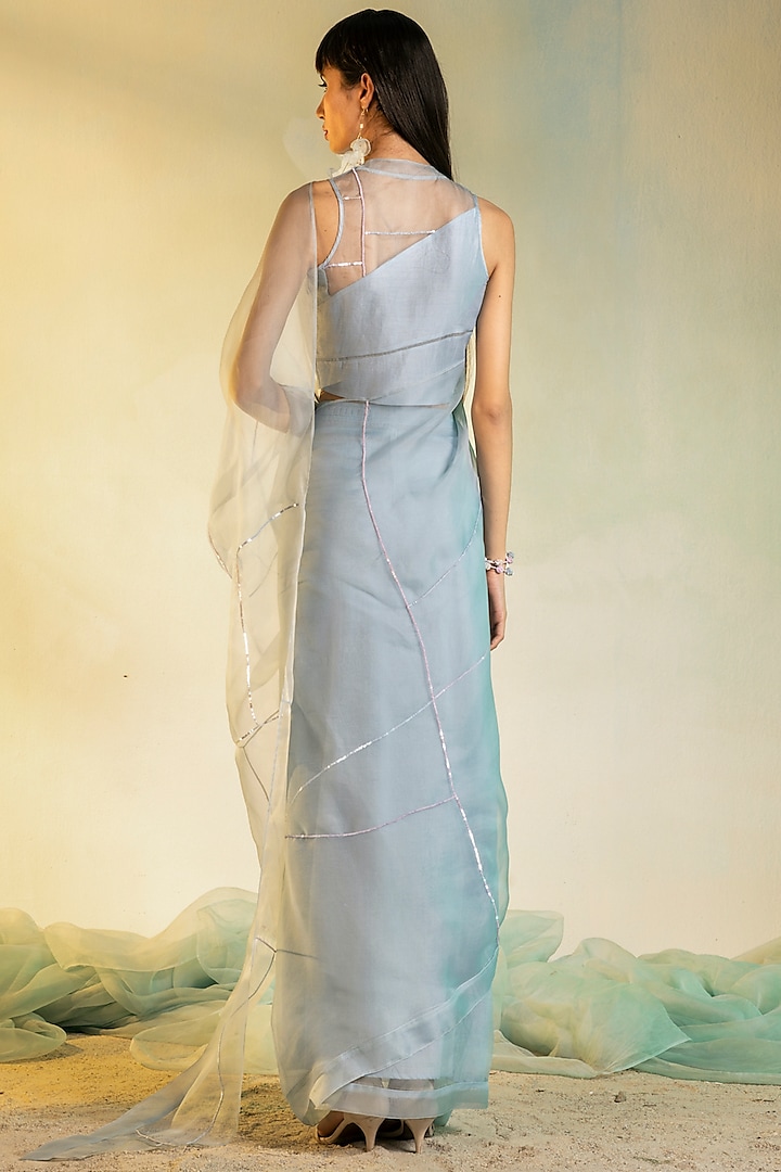 Powder Blue Organza Pre-Stitched Party Wear Saree Set by Charkhee at Pernia's Pop Up Shop