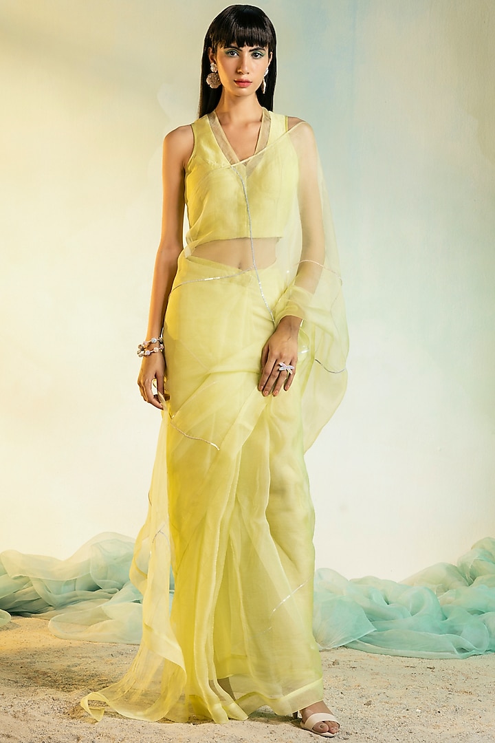 Lime Yellow Organza Pre-Stitched Saree Set by Charkhee